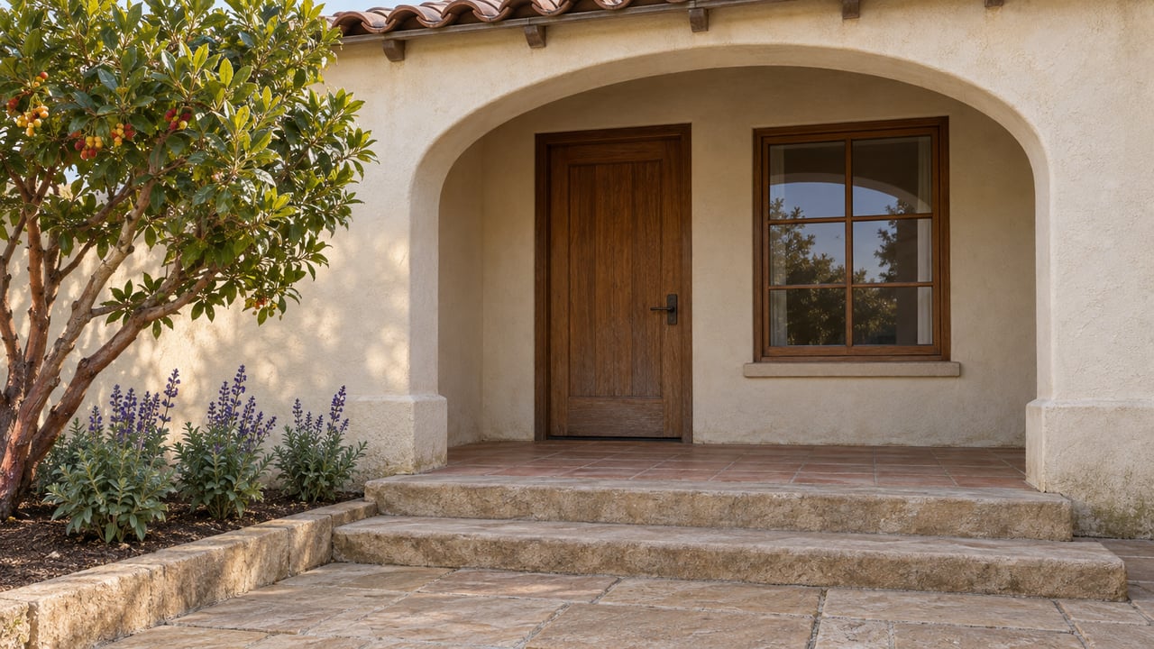 Cream stucco arched porch with a closed oak door, terracotta paving, sandstone steps, and a strawberry tree beside flowering sage.