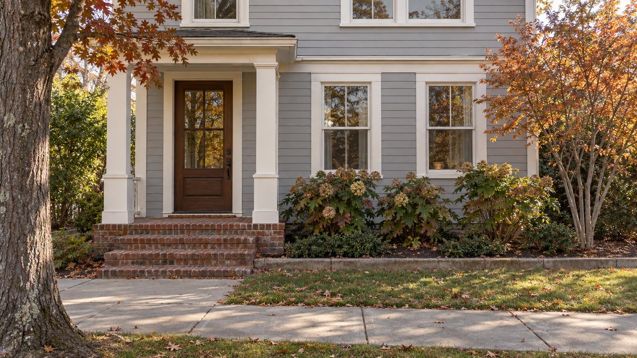 Gray two-story house with a recessed wood door, brick steps, and copper-orange autumn trees.