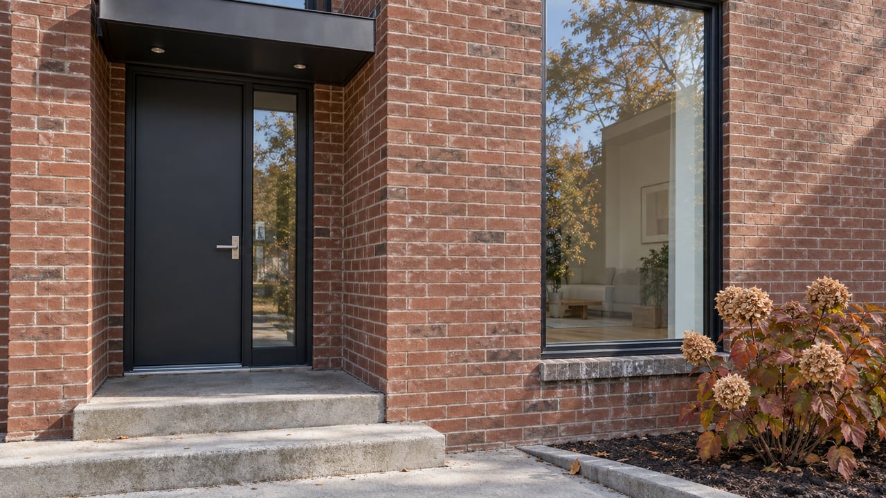 Brick townhouse entry with a charcoal door, tall black-framed window, worn concrete steps, and autumn oakleaf hydrangea.