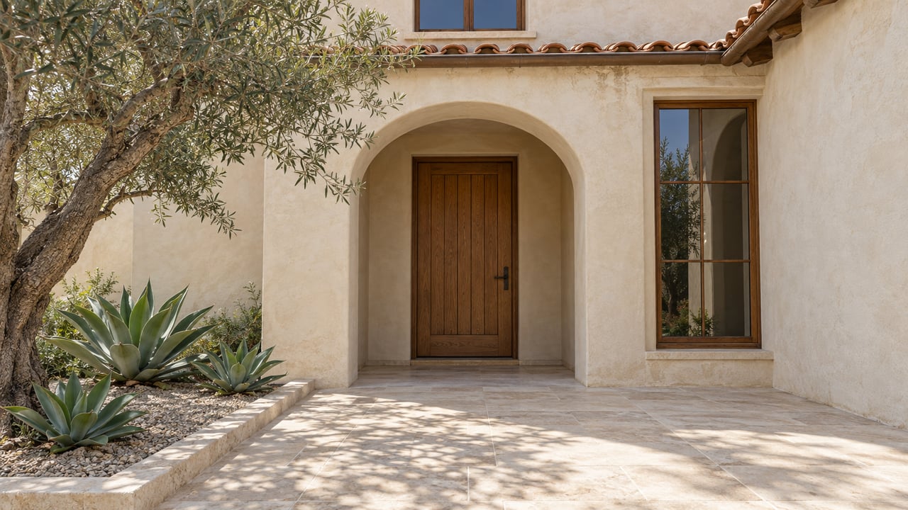 Sunlit cream stucco home entry with an arched recess, oak door, limestone paving, and an olive tree beside sculptural agaves.