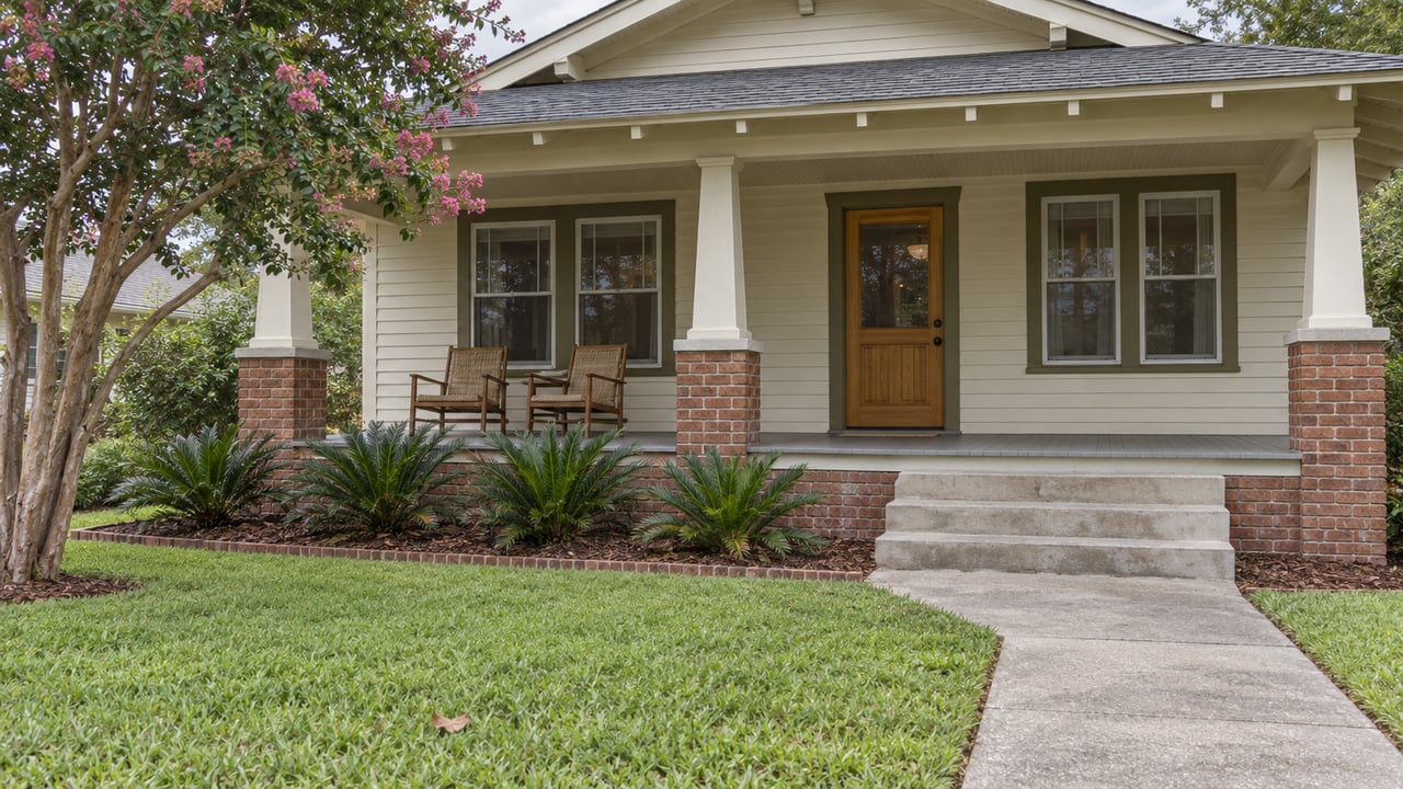 Ivory clapboard bungalow with a brick-based covered porch, timber chairs and a deep lawn beside a concrete front walk.