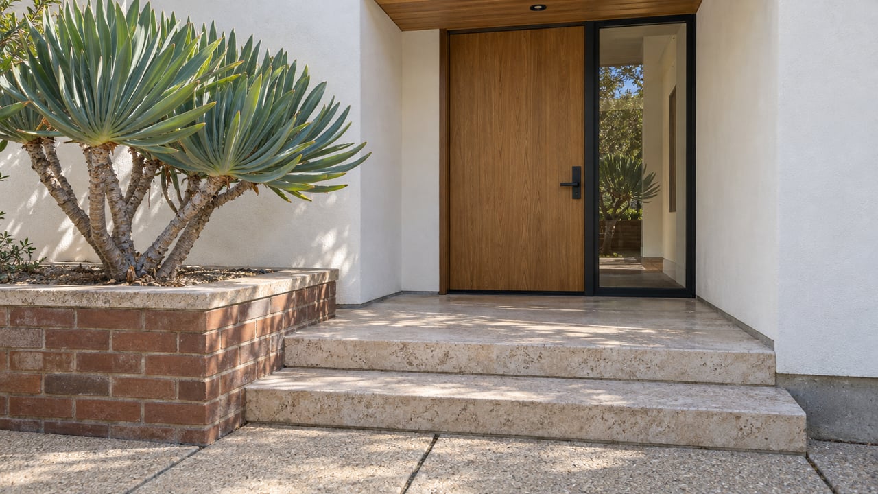 Sunlit limestone entry steps beneath a sheltered oak front door, beside a brick planter holding a sculptural fan aloe.
