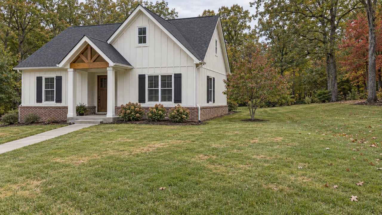Ivory gabled home with a brick foundation and covered porch, set behind a broad sloping lawn with mature oak and maple trees.