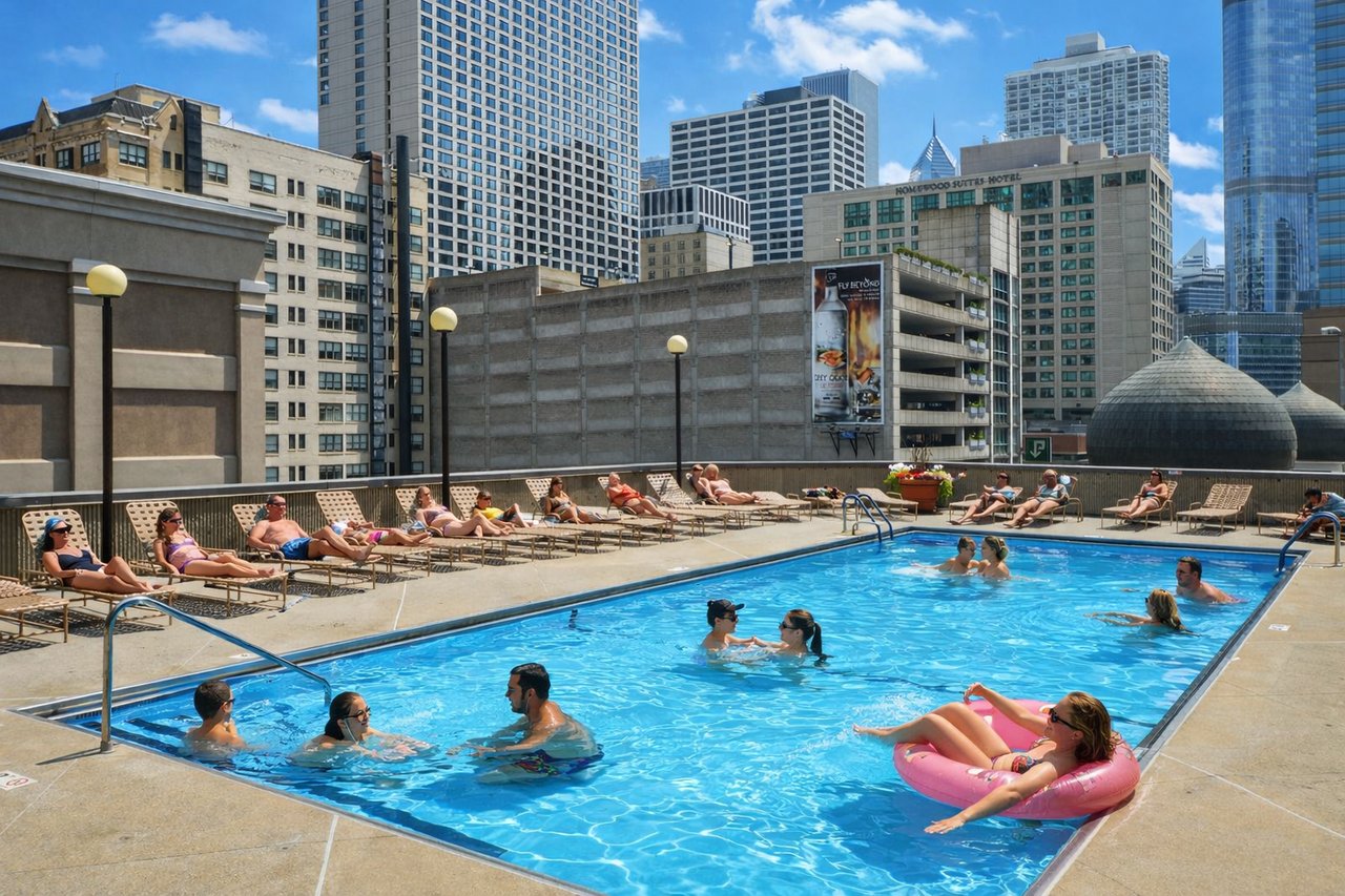 10 E Ontario amenities - pool photo with residents enjoying the sun