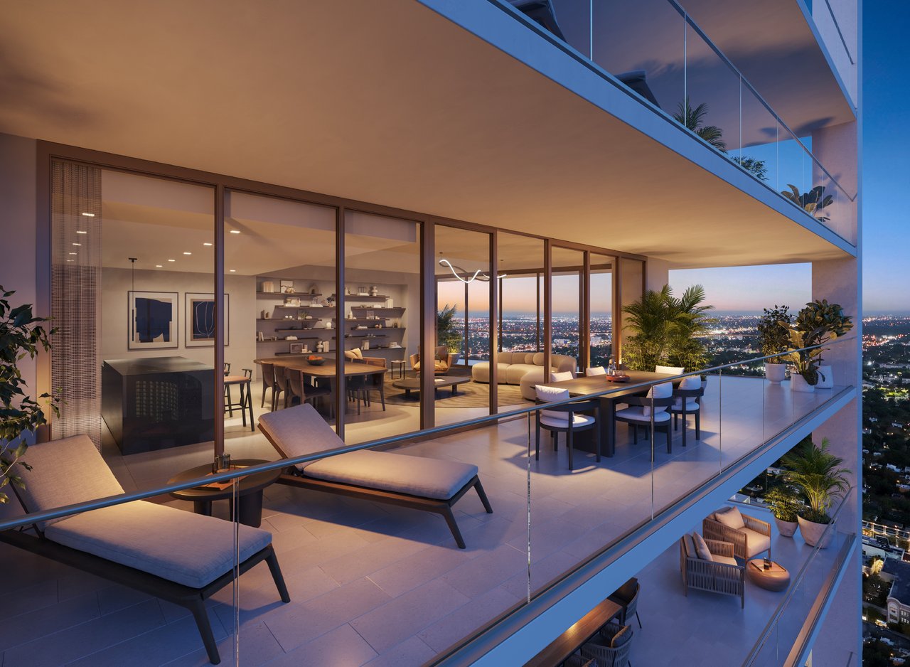 Rendering of a Miami Tropic living and dining area with floor-to-ceiling windows overlooking Miami and the water