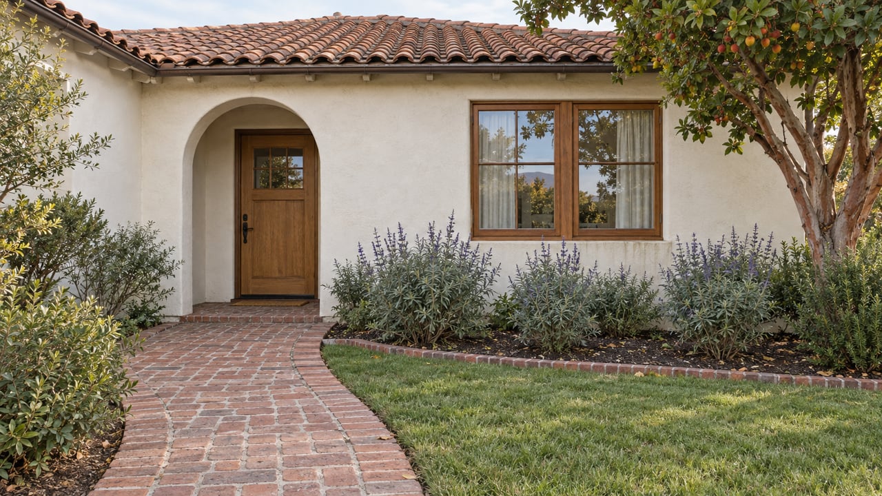 Warm white stucco home with a clay tile roof, recessed arched entry, brick garden path and mature strawberry tree.