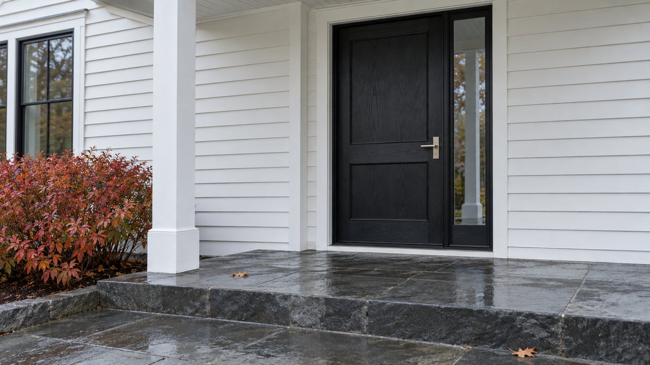 Black wood entry door with a glazed sidelight above rain-darkened bluestone steps and copper-red autumn shrubs.
