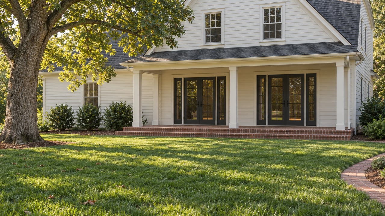 Cream clapboard house with a brick terrace, broad green lawn, and a white oak canopy.