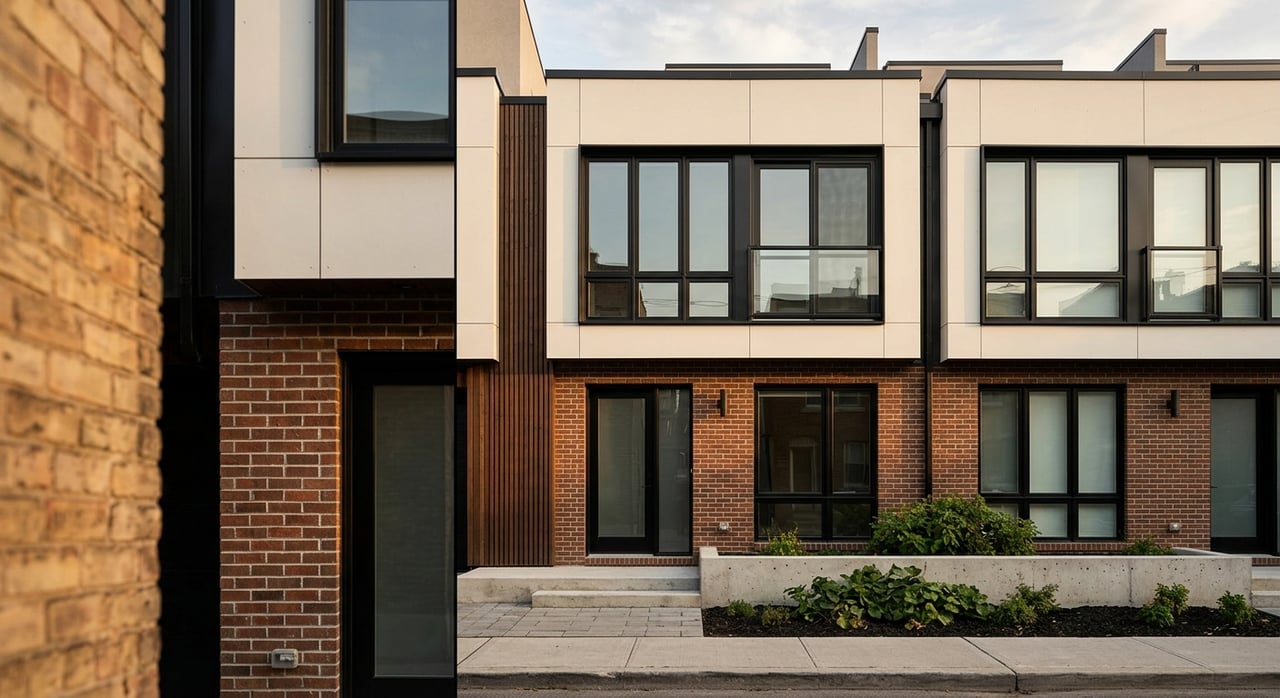 Modern townhouse with dark-framed windows, wood slats, recessed entry, and a planter of shrubs and grasses.