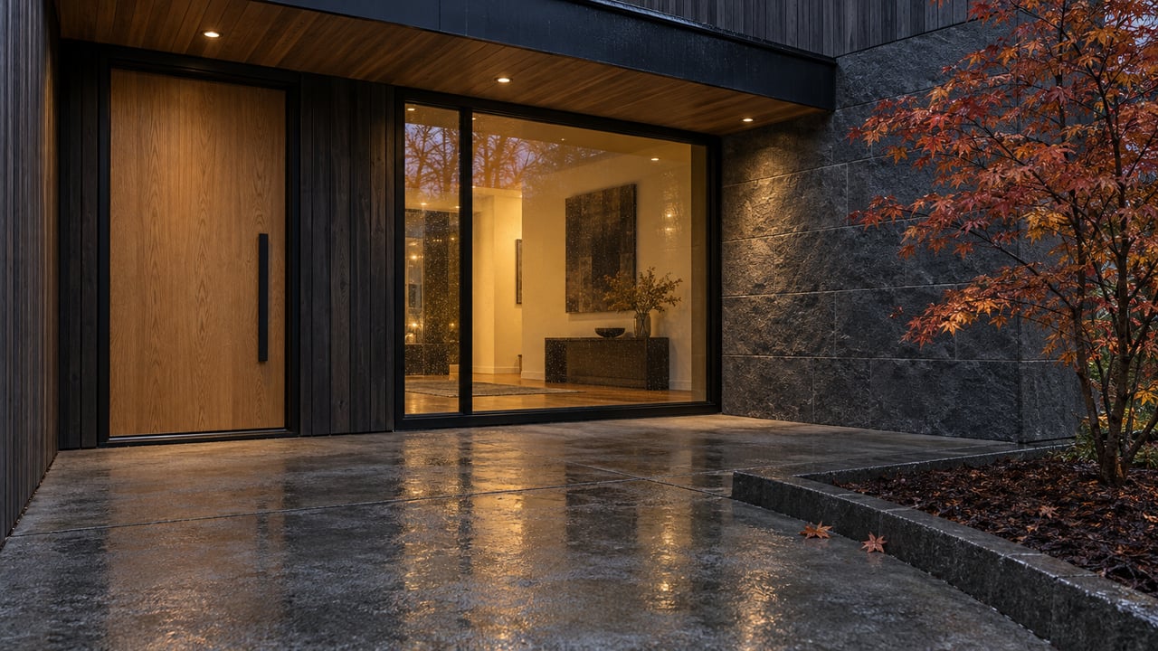 Rain-darkened concrete approach to a contemporary cedar and basalt entry, with a closed oak door, warm window light, and a copper-leaved vine maple.