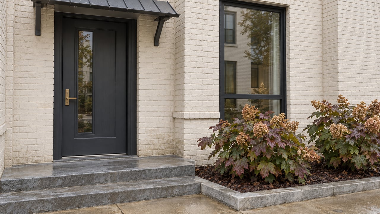 Ivory painted-brick townhome entrance with a charcoal door, zinc canopy, limestone steps, and burgundy oakleaf hydrangeas after rain.