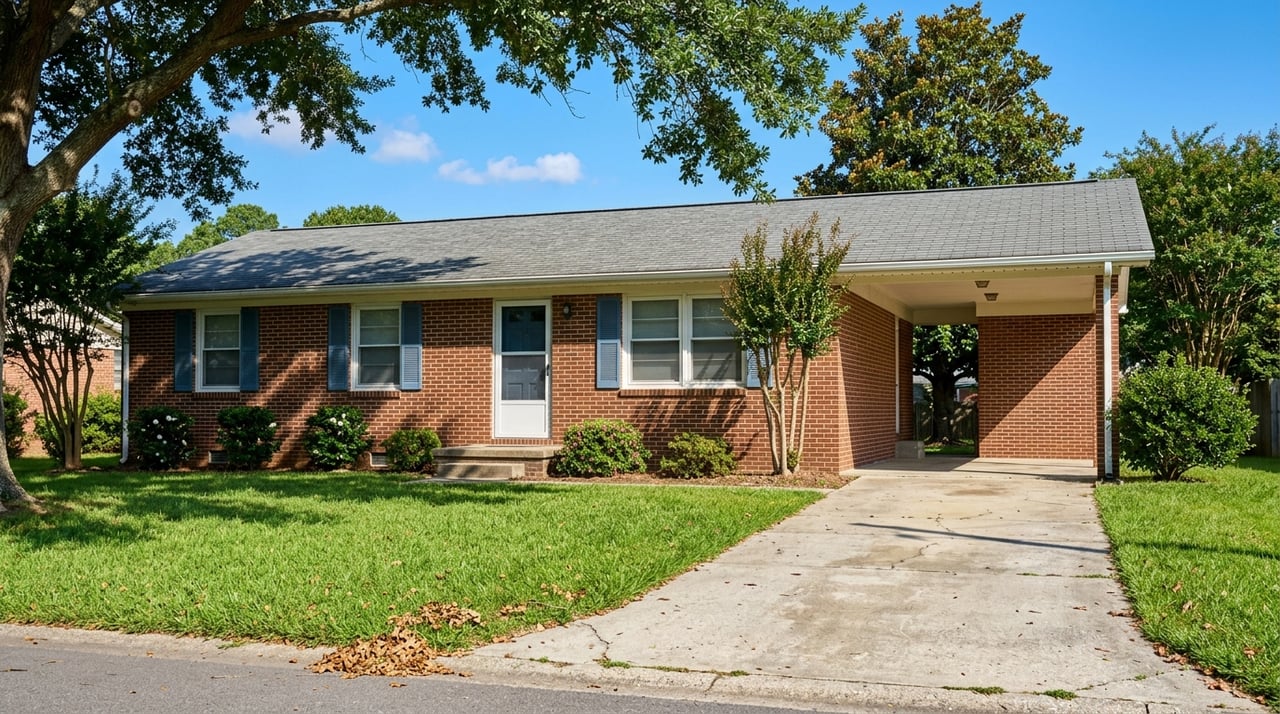 Brick ranch house viewed from the driveway, with an open carport and spacious front yard.