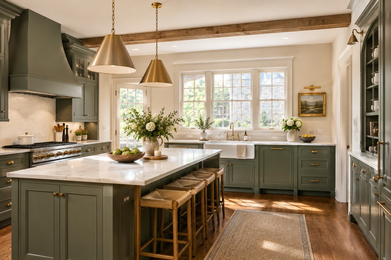 Farmhouse kitchen featuring deep sage green cabinets, exposed wood ceiling beams, and a center island.