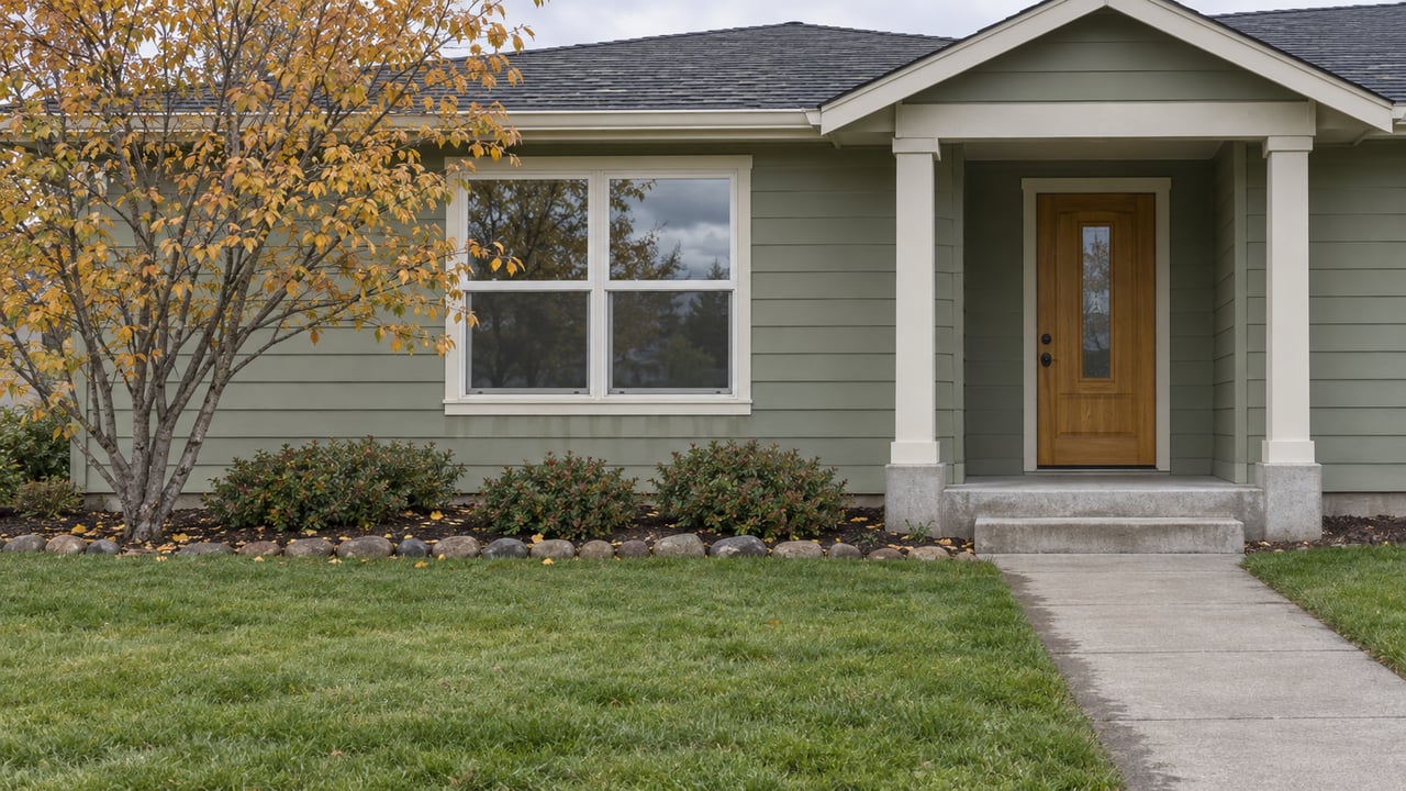 A sage-sided single-story home with a covered entry, damp concrete walkway, broad autumn lawn, and an ochre-leaved serviceberry.