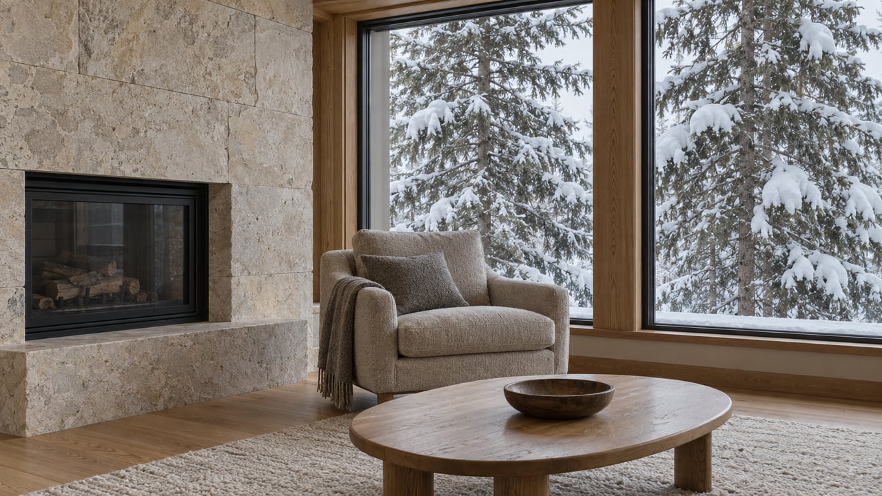 Oak-floored living room with a limestone fireplace, wool lounge chair and closed picture windows overlooking snow-covered spruce trees.