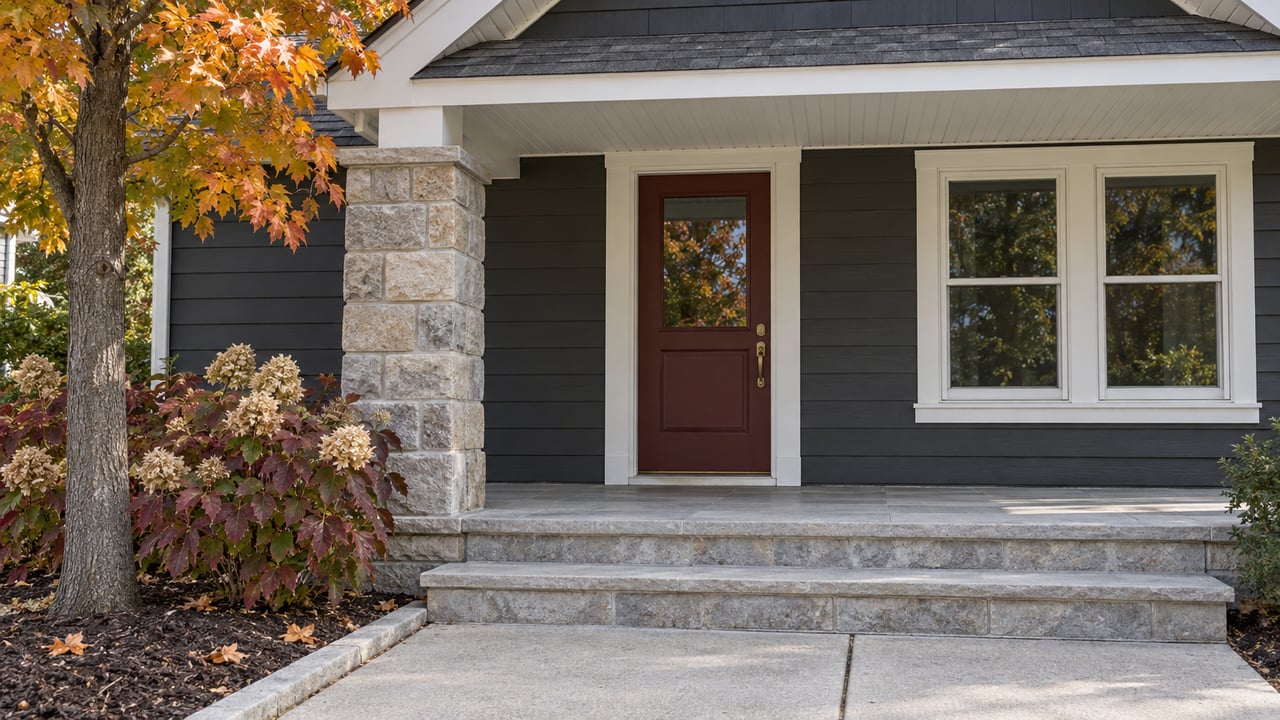 Autumn leaves beside a covered home entry with charcoal siding, white trim, a muted red door and limestone steps.