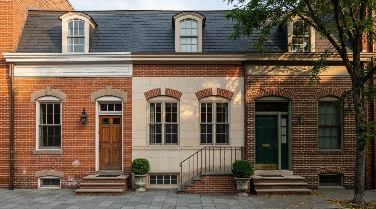 Three attached brick facades with arched dormers, stoops, iron railings, and a street tree.
