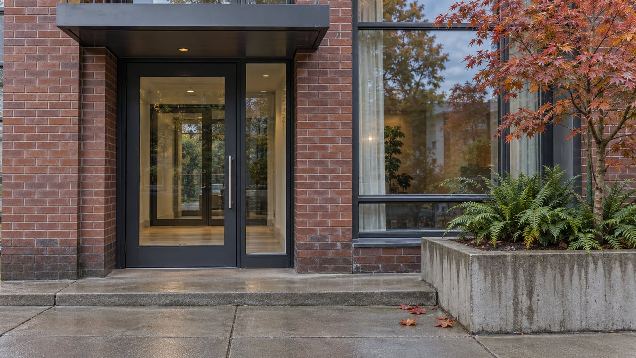 Brick condominium entrance with charcoal-framed glass doors, a concrete sidewalk and a raised planter containing an autumn maple and sword ferns.