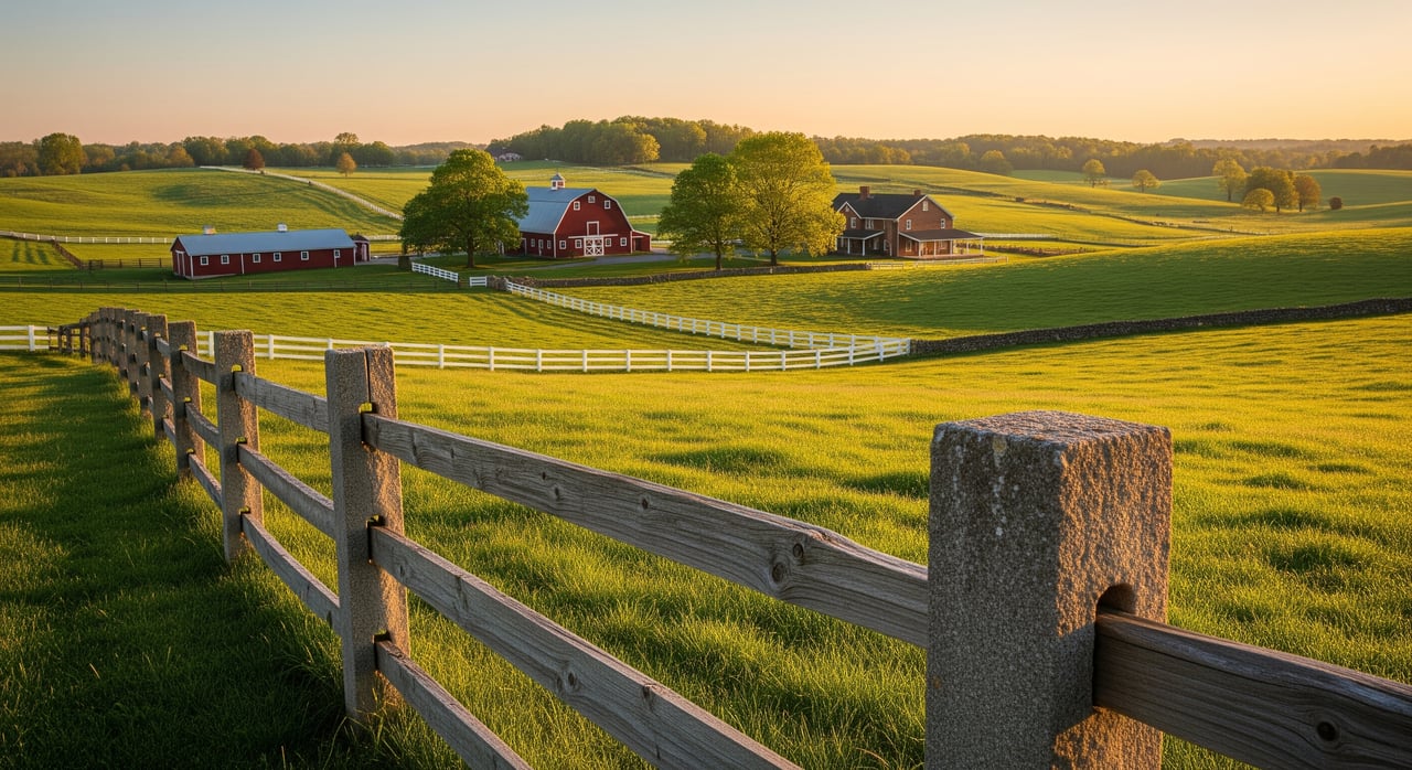 Weathered wooden fence crosses rolling green fields toward red farm buildings and a white-fenced pasture.