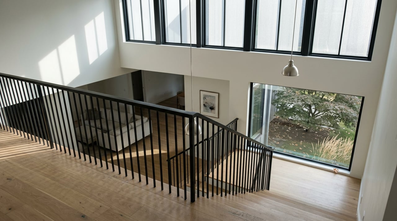 White-oak stairs with black metal balusters overlook a double-height great room beneath clerestory windows.