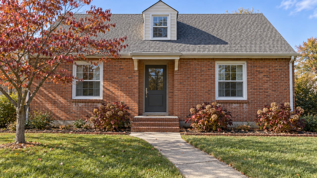A modest brick home with a dormer, concrete front walk, and autumn dogwood beside a deep lawn.