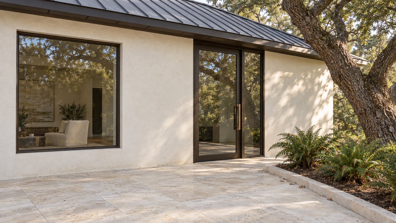 Modern home exterior with a stone patio, dark metal roof, and large windows beneath a mature tree.