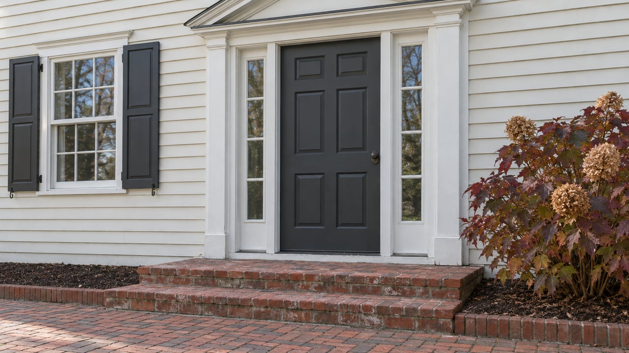 Cream clapboard entrance with a charcoal door, paired glazed sidelights, weathered brick steps and an oakleaf hydrangea in autumn color.