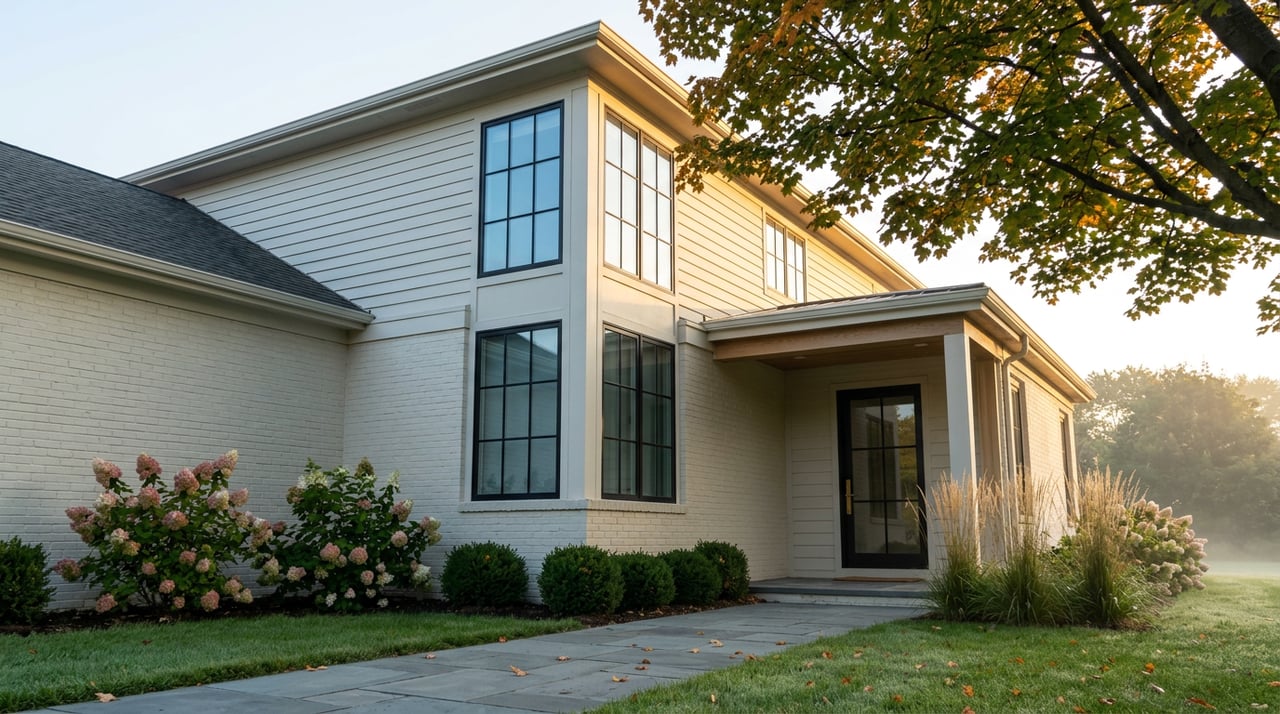 Two-story brick and clapboard home beneath a maple canopy, with dew on the lawn and leaves on the bluestone walk.