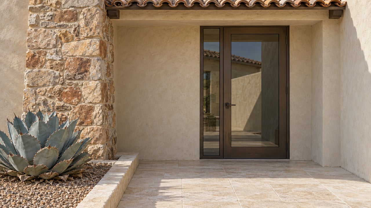 Recessed bronze-and-glass entry beside a textured stone pier, ivory stucco and a blue-gray agave in a curbed gravel bed.