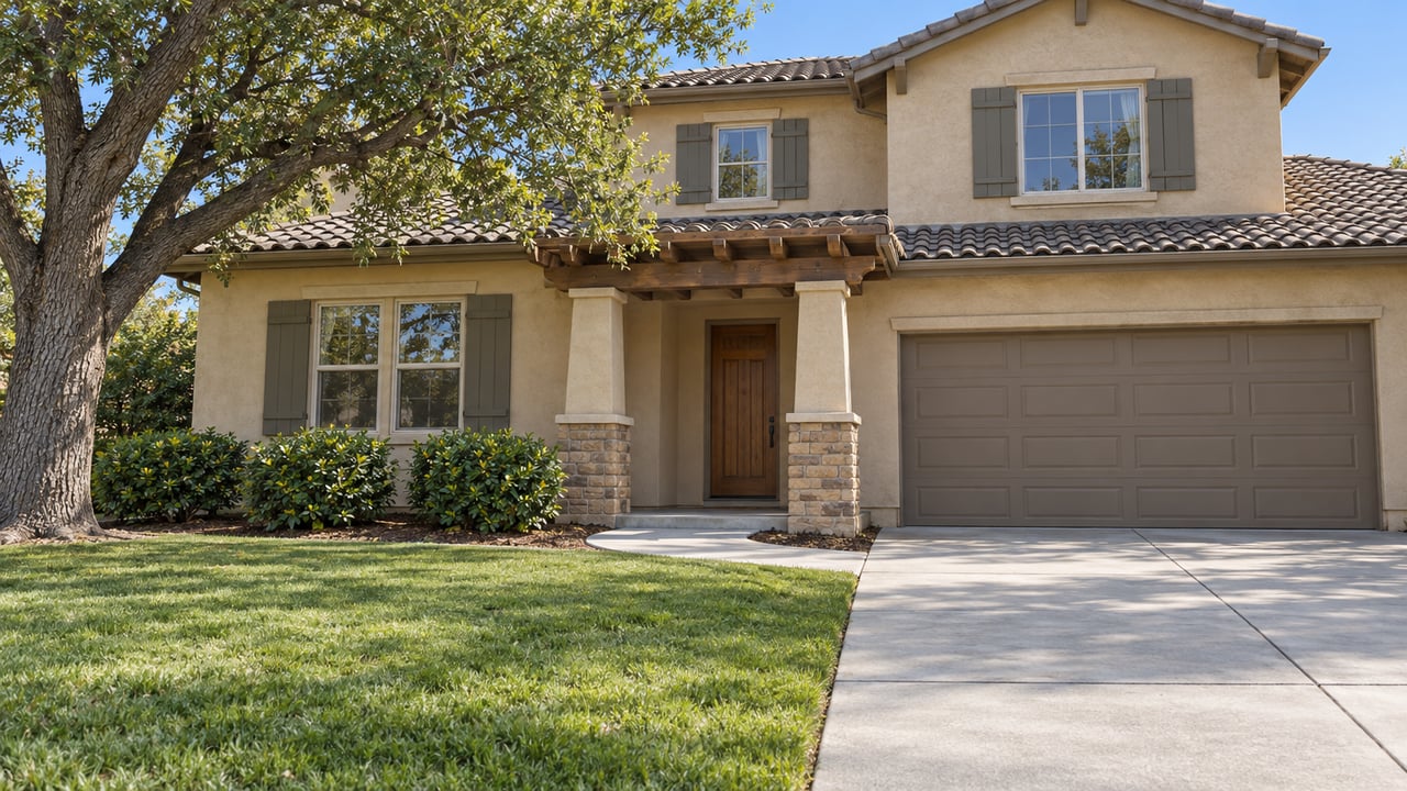 Sunlit sand-stucco home with tiled gables, a timber porch, broad lawn and concrete driveway beside a mature oak.