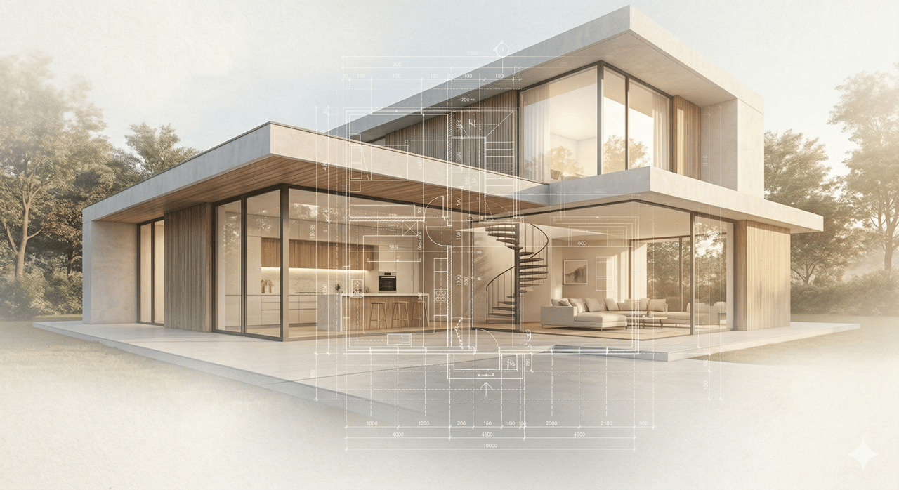 Architectural blueprints fading into a real modern home