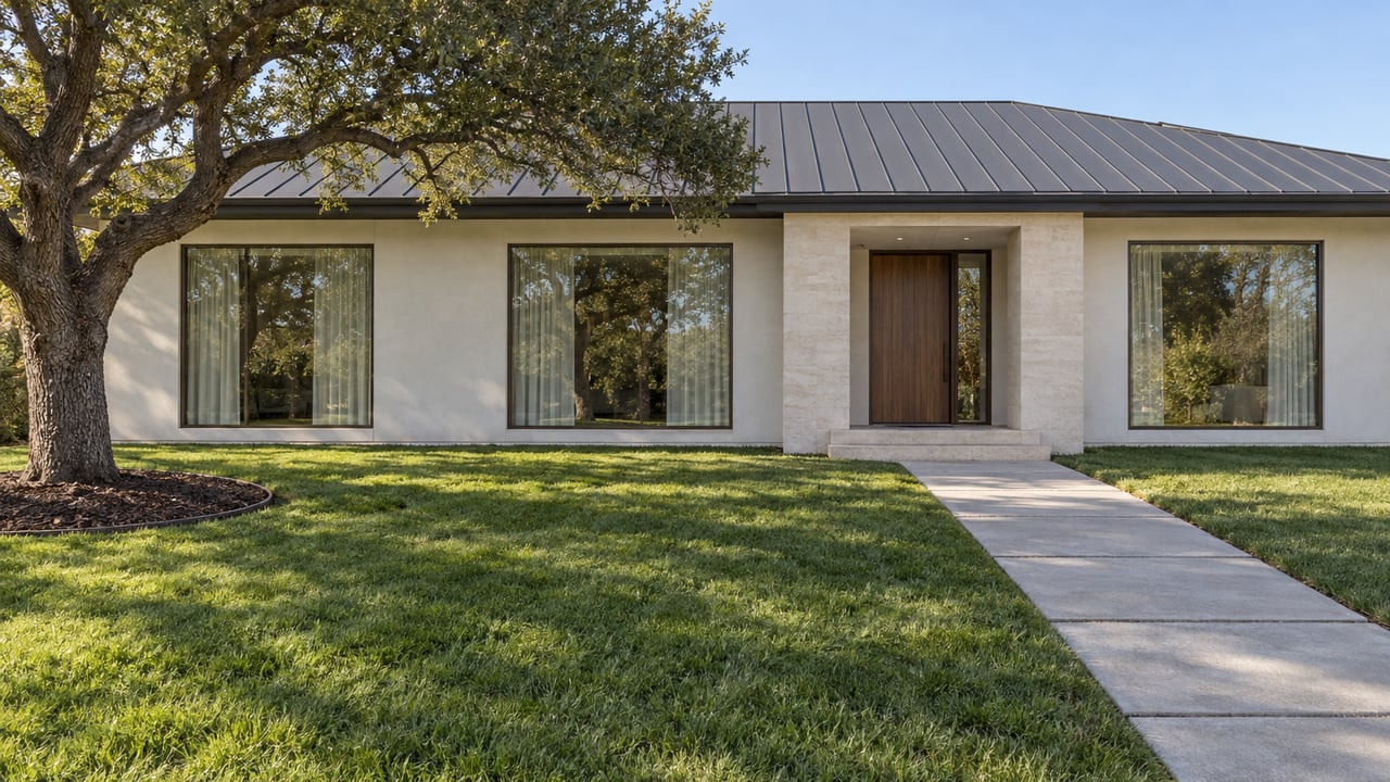 Low-roof stucco home behind a deep green lawn, with bronze-framed windows, limestone entry steps and a mature oak.