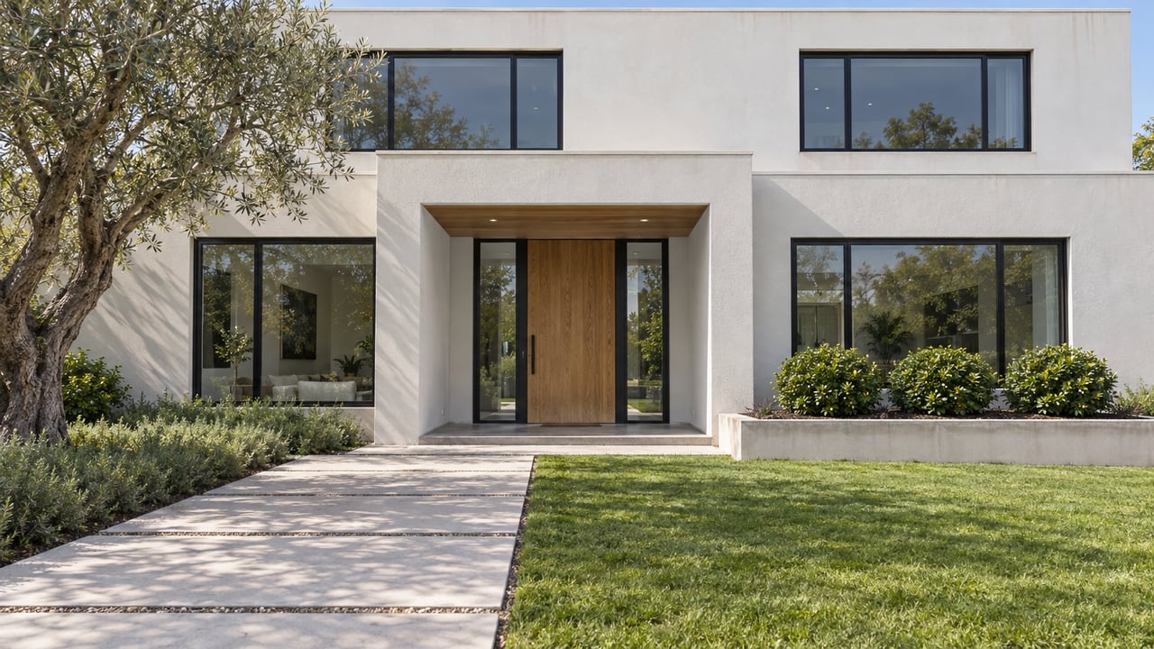 White two-story home with black-framed windows, a shaded oak entry, pale concrete approach and a deep manicured lawn.