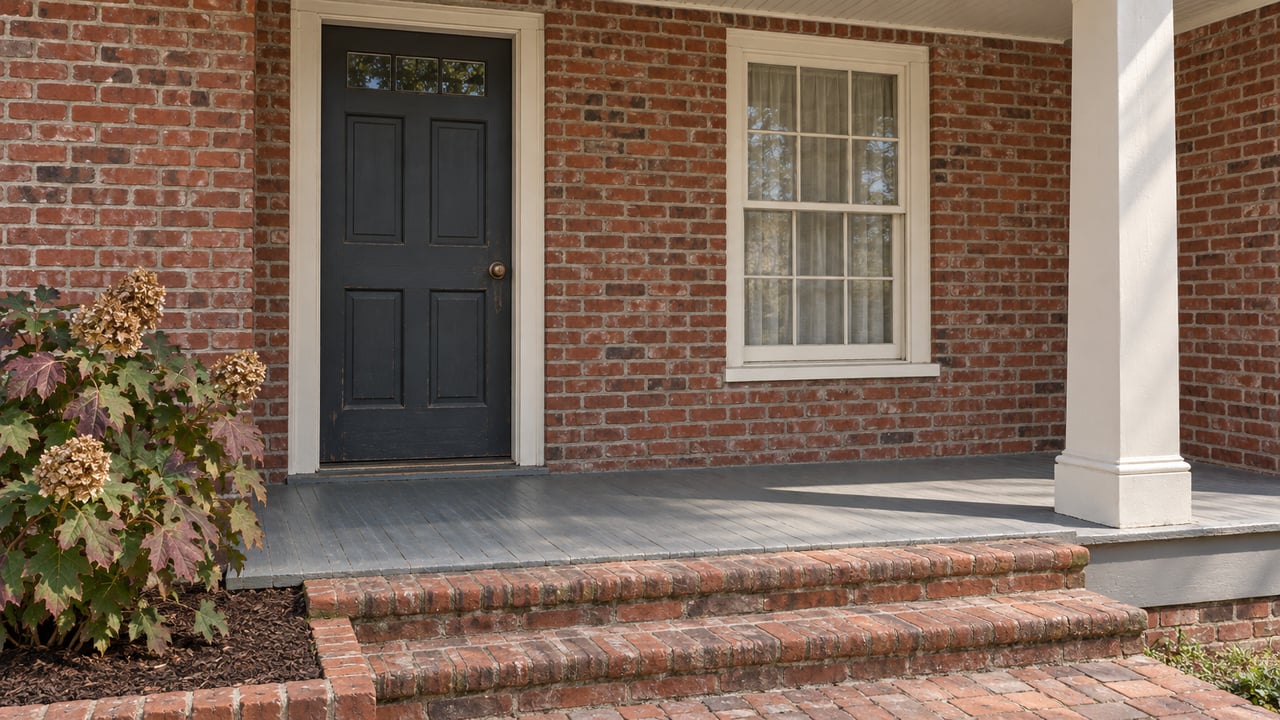 Weathered red-brick house entry with a charcoal door, cream-painted sash window and porch column, and oakleaf hydrangea beside brick steps.