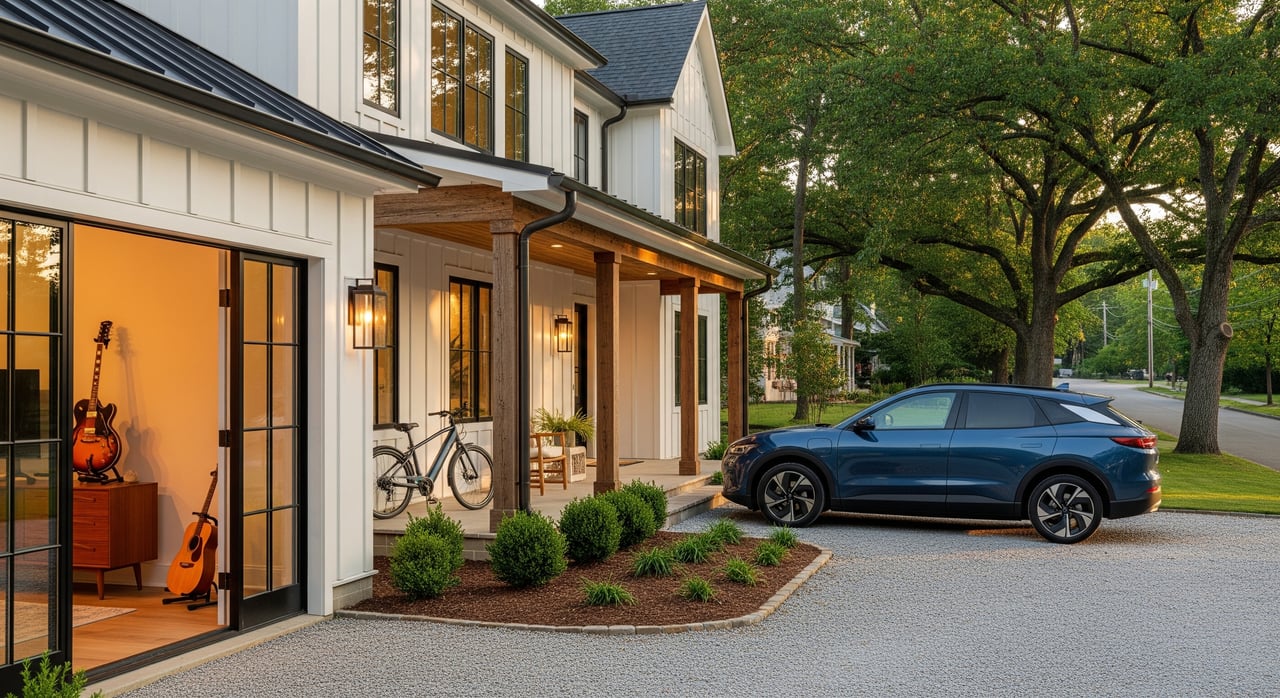 White modern house and blue SUV; guitars visible indoors and a bicycle beside the entrance.