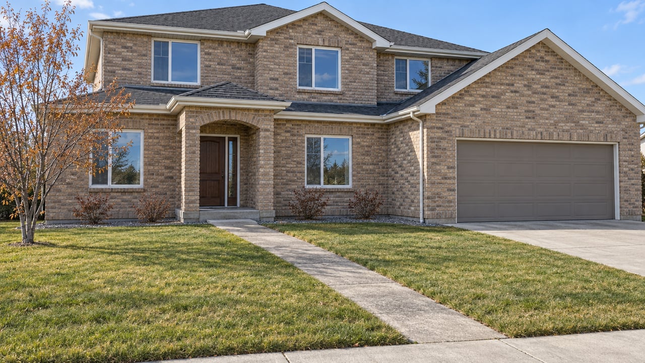 Buff-brick two-story home with a recessed arched entrance, double garage, and a deep autumn lawn beneath a clear blue sky.