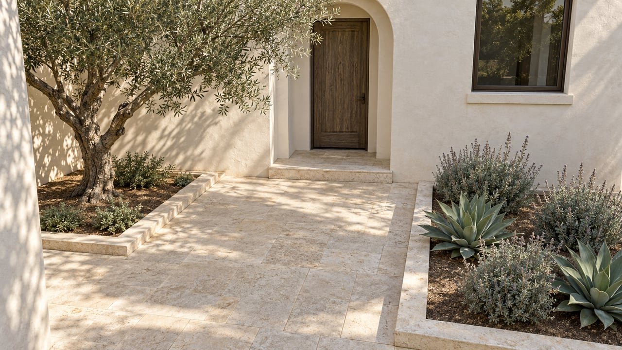 Cream stucco home with an arched oak entry, limestone courtyard, sculptural olive tree and bordered drought-tolerant planting.