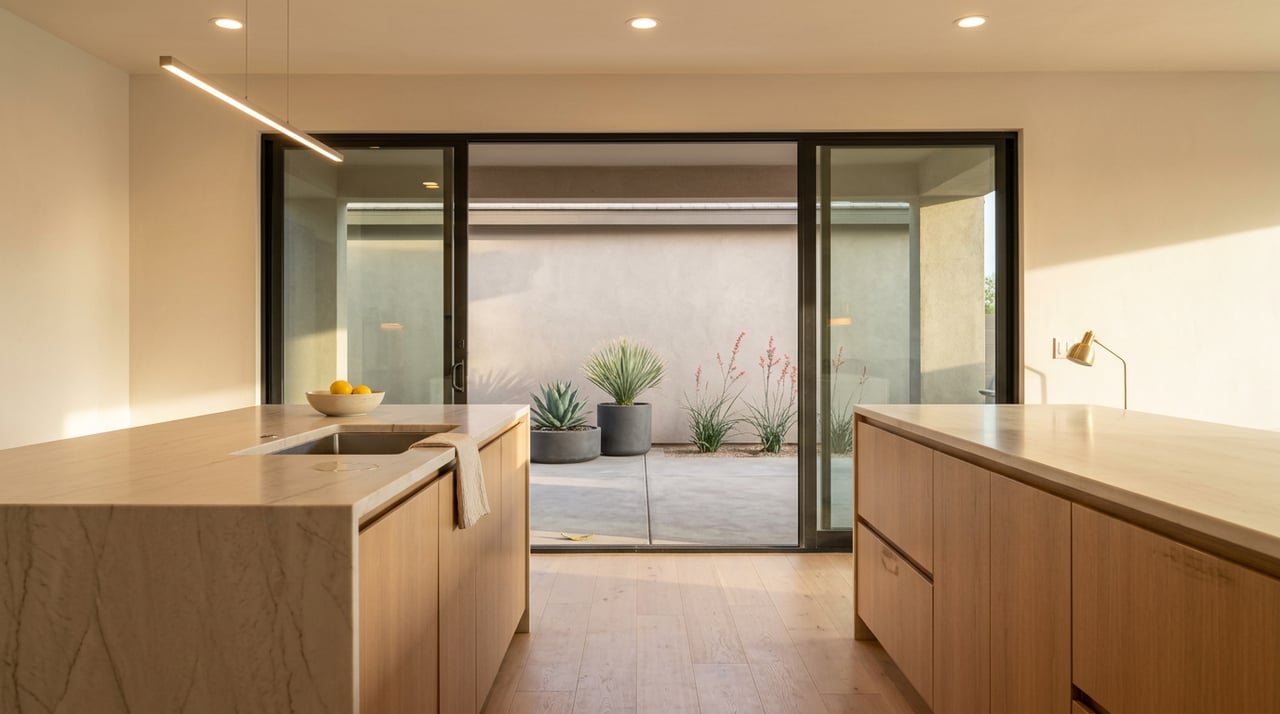 White oak kitchen island with lemons faces a glass slider and covered patio planters.