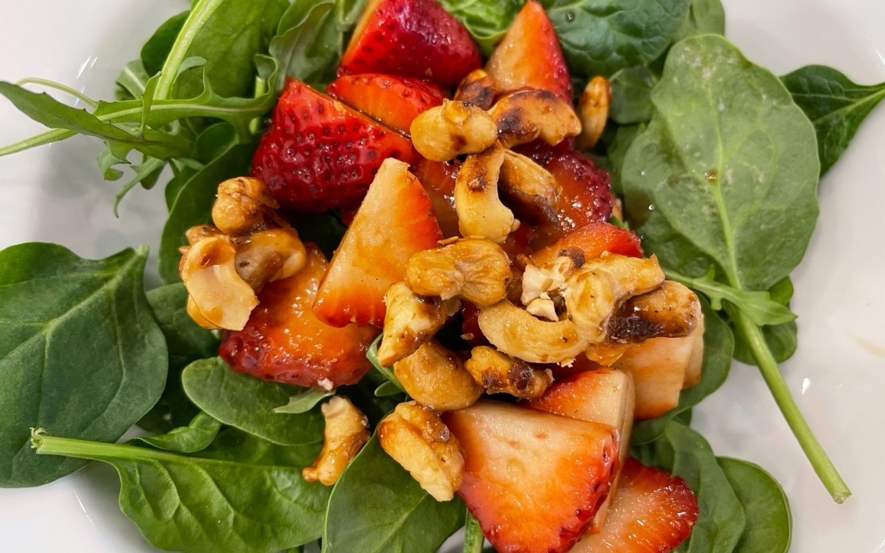 Spinach Salad with Balsamic Strawberries and Hot Maple Cashew Brittle