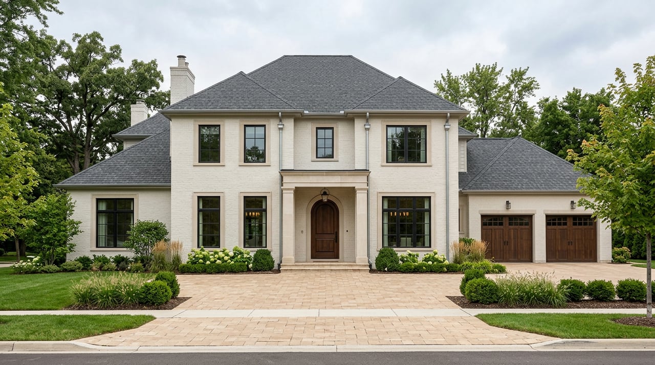 Two-story dove-white brick house with a walnut entry door, three-car garage, and tan paver motor court.