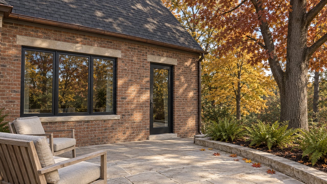 A brick home's glazed rear door and broad window face a limestone terrace with two teak chairs beneath red oak and golden maple foliage.