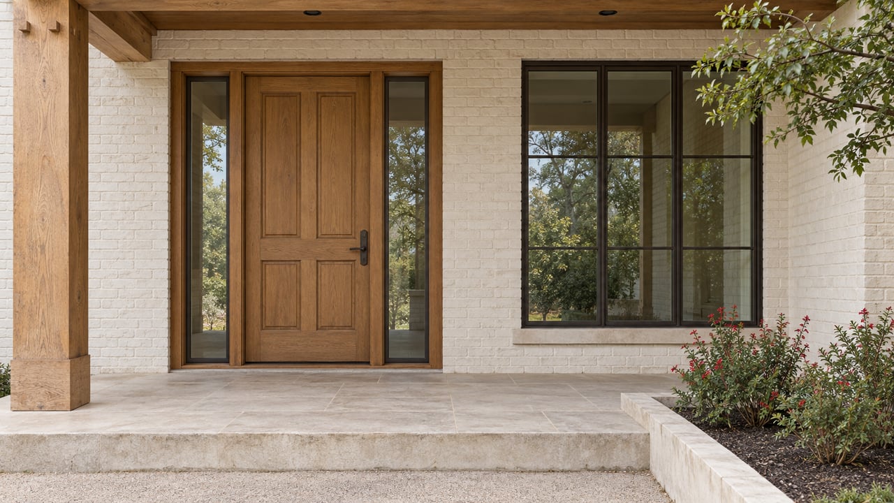 Sheltered oak entry with glazed sidelights, cream brick, limestone steps and a small flowering sage bed.