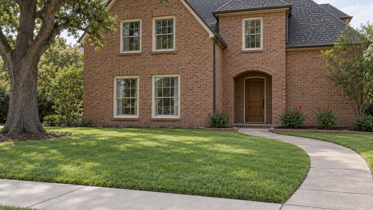 Two-story russet brick house behind a deep clipped lawn, with multi-pane windows, an arched oak entry door, a curved concrete approach and a mature bur oak.