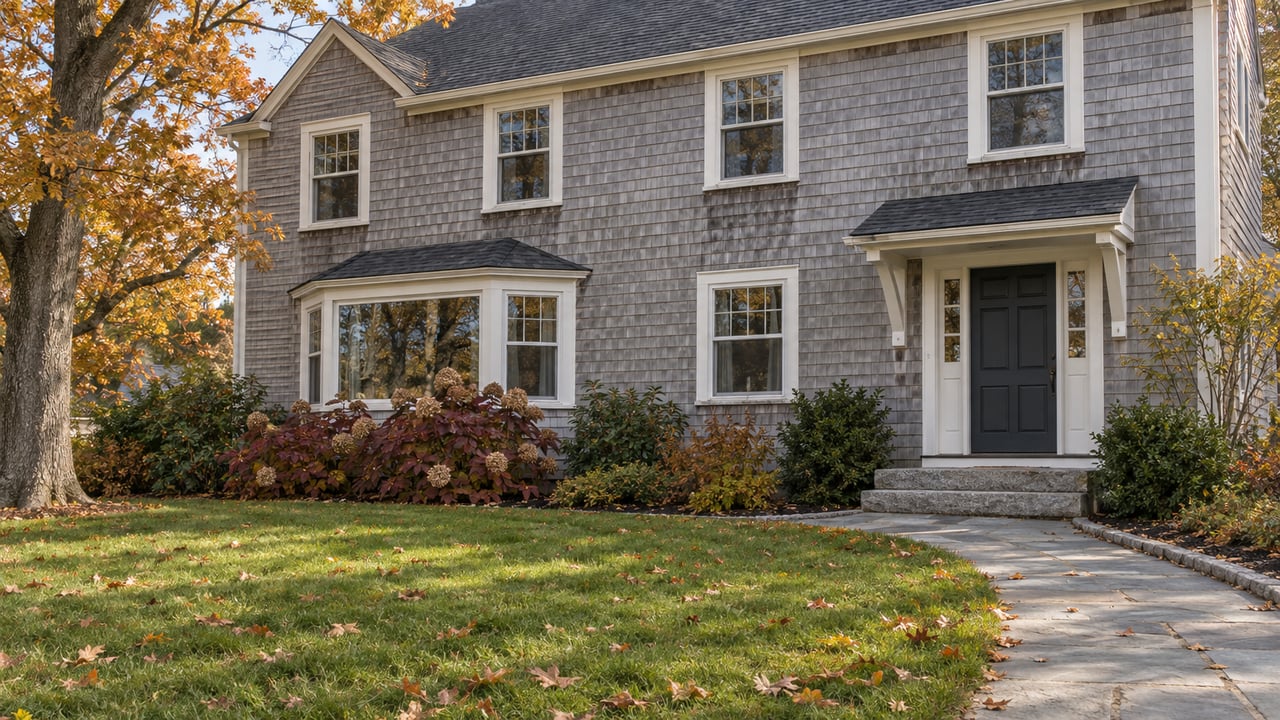 Weathered cedar-shingle home behind a deep autumn lawn, with an amber sugar maple, a bay window and a bluestone entry walk.