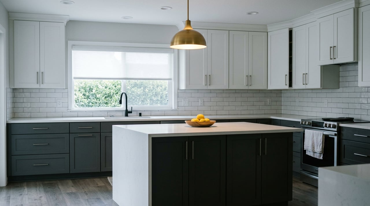 Kitchen island with four lemons, white cabinets, and a shaded sink window overlooking a hedge.