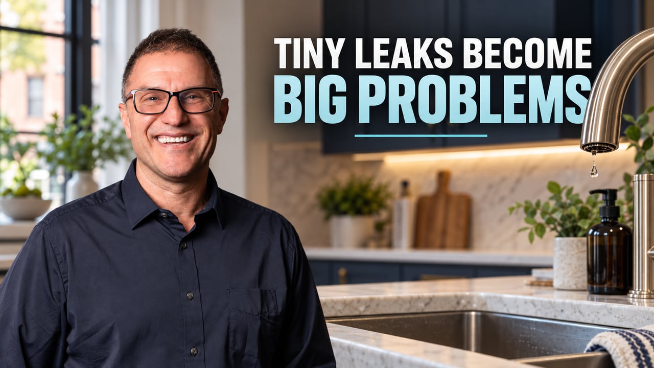 A smiling man in a kitchen beside the headline “Tiny leaks become big problems.”