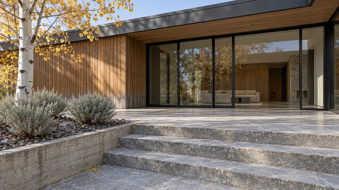 Contemporary home's timber facade and enclosed glass living room above broad limestone terrace steps, beside golden aspen and silver sagebrush.