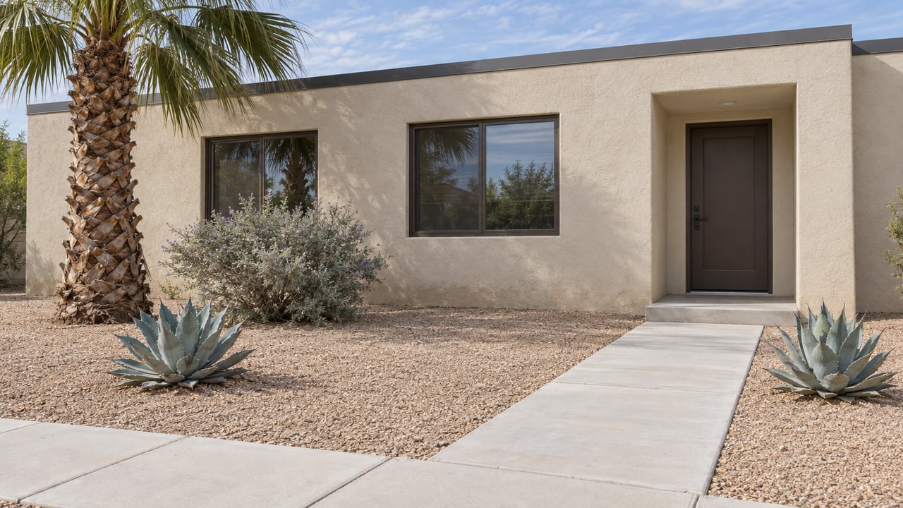 Single-story ivory stucco home with recessed entry, palm, two agaves, and a concrete walk through gravel.