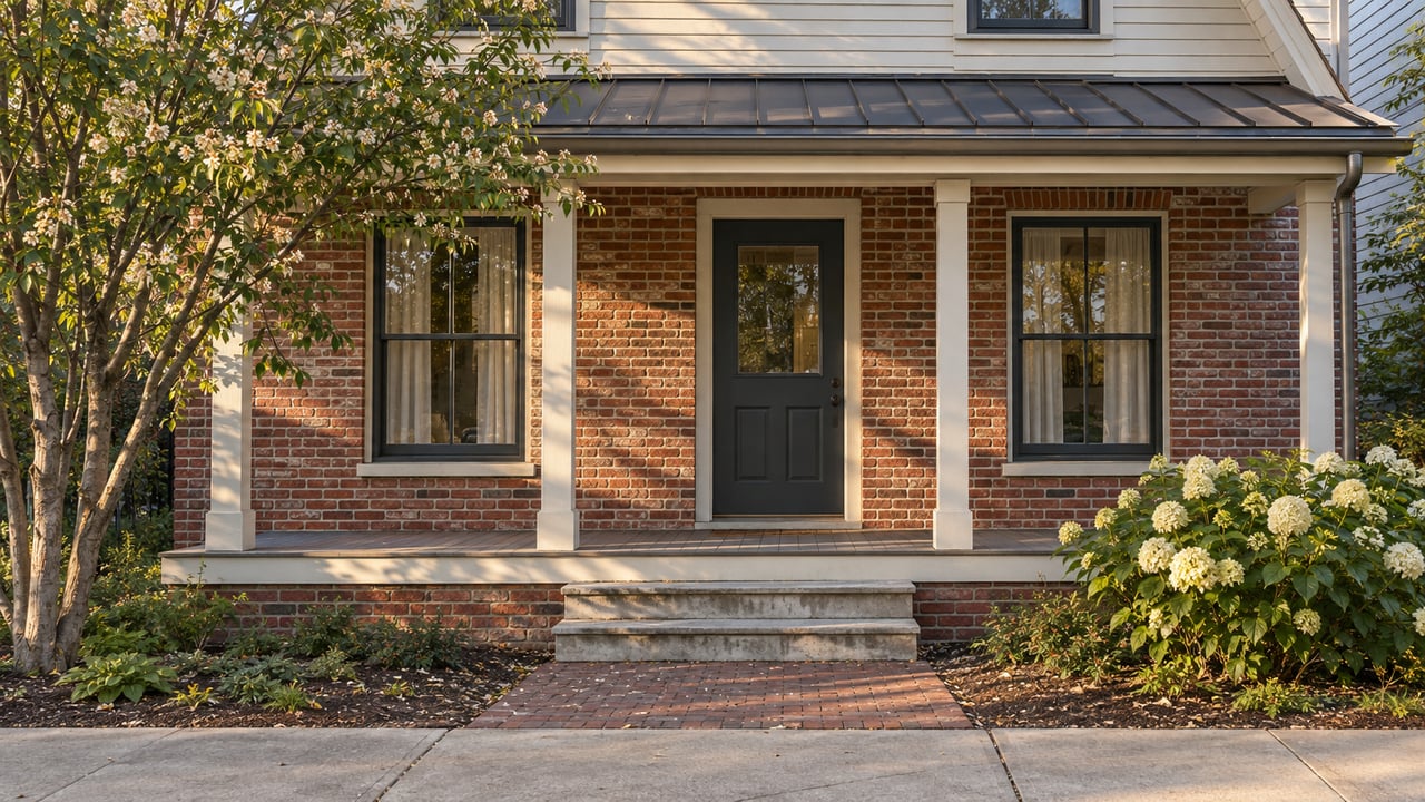 Ivory clapboard and red-brick house with a raised porch, charcoal door, limestone steps, and small garden bed.