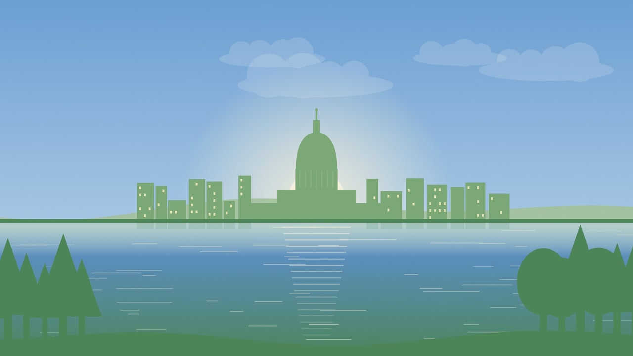  Illustration of the Madison skyline and Wisconsin State Capitol on a clear day, seen across the lake with trees on both sides